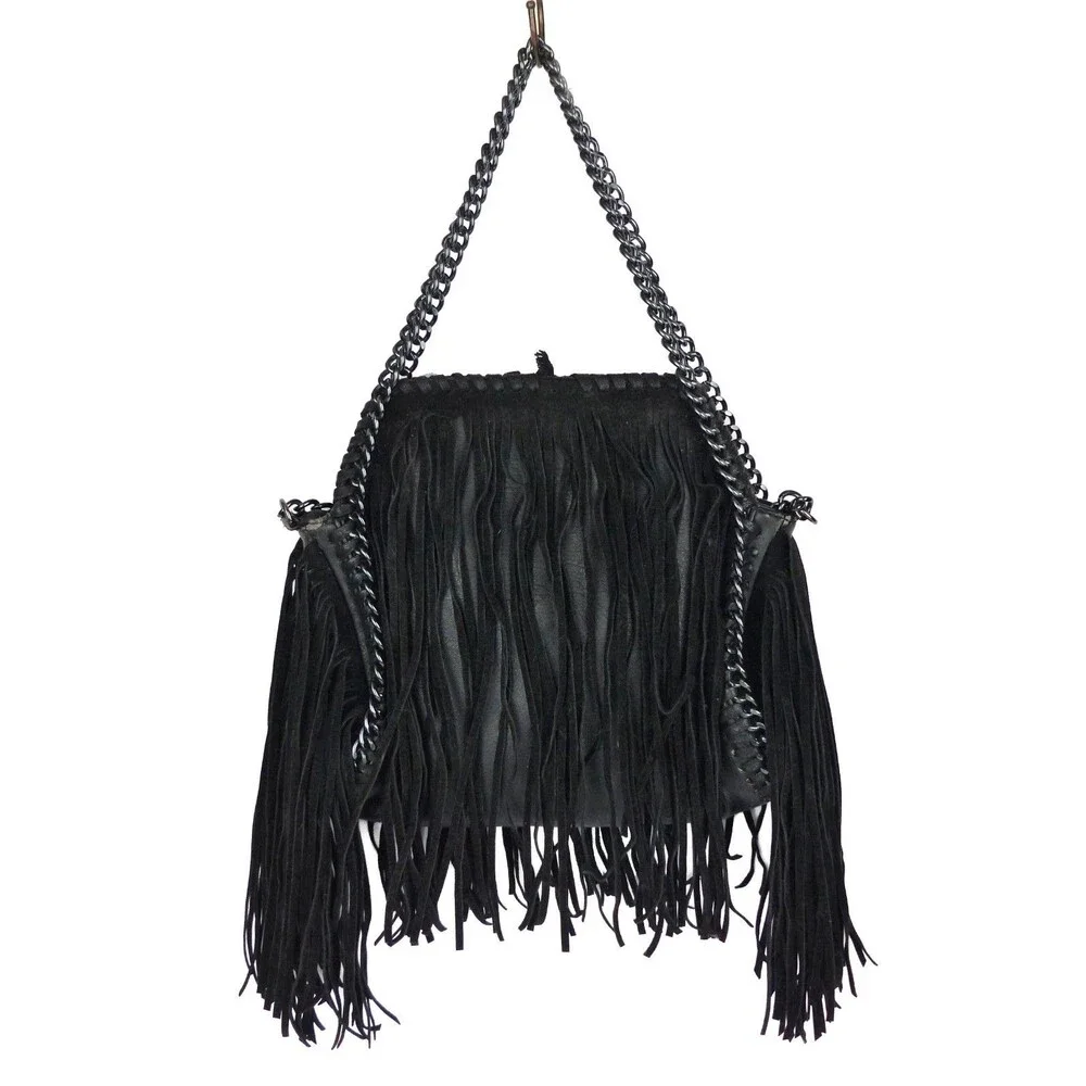 Steve Madden Fringe Chain Satchel Shoulder Bag Black Boho Festival Purse Rock - Picture 2 of 12